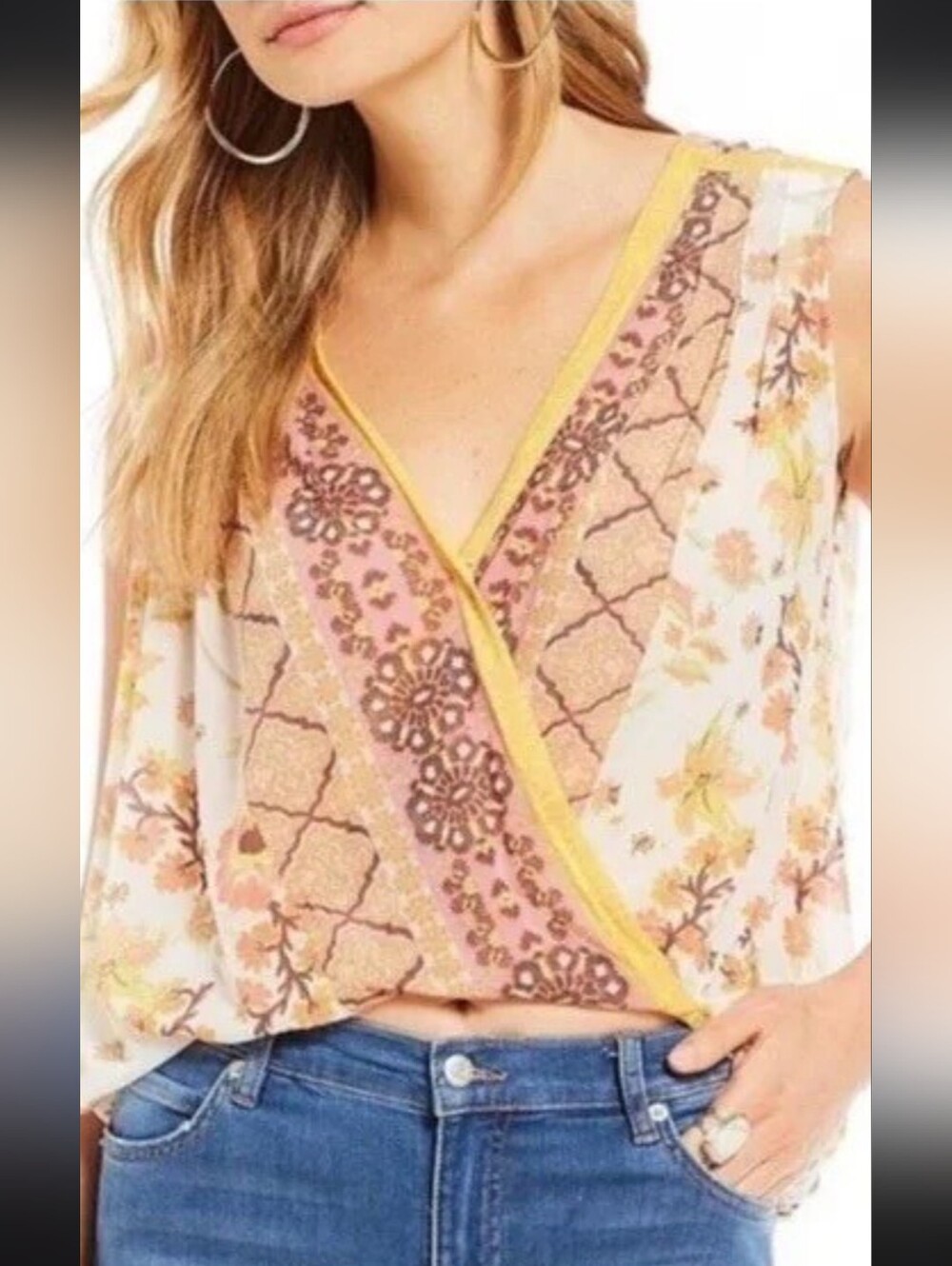 Free People Mixed Floral Wrap Crop Top in Cream, Pink and Yellow Trim